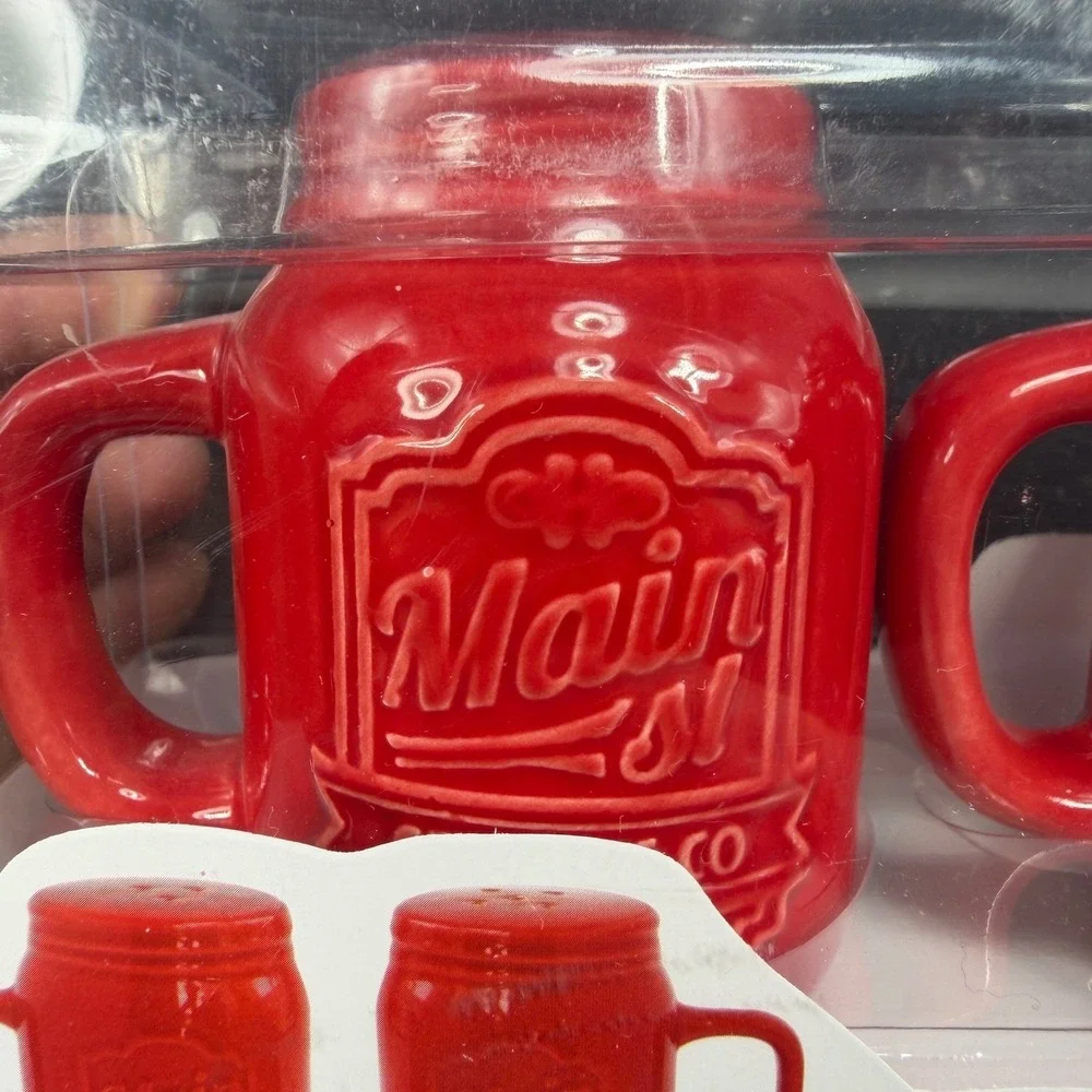 American Atelier Main St Ceramic Co Red Mason Jar Mug Salt and Pepper Shaker Set